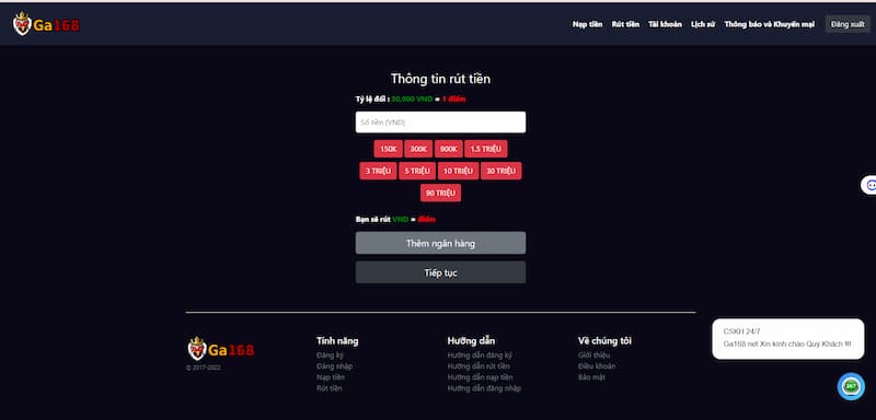 Thao tác nạp rút tiền ga168 cực kỳ đơn giản